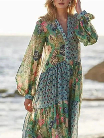 Amy Fashion - Elegant Floral Print Lantern Long Sleeve Chiffon Boho Dress