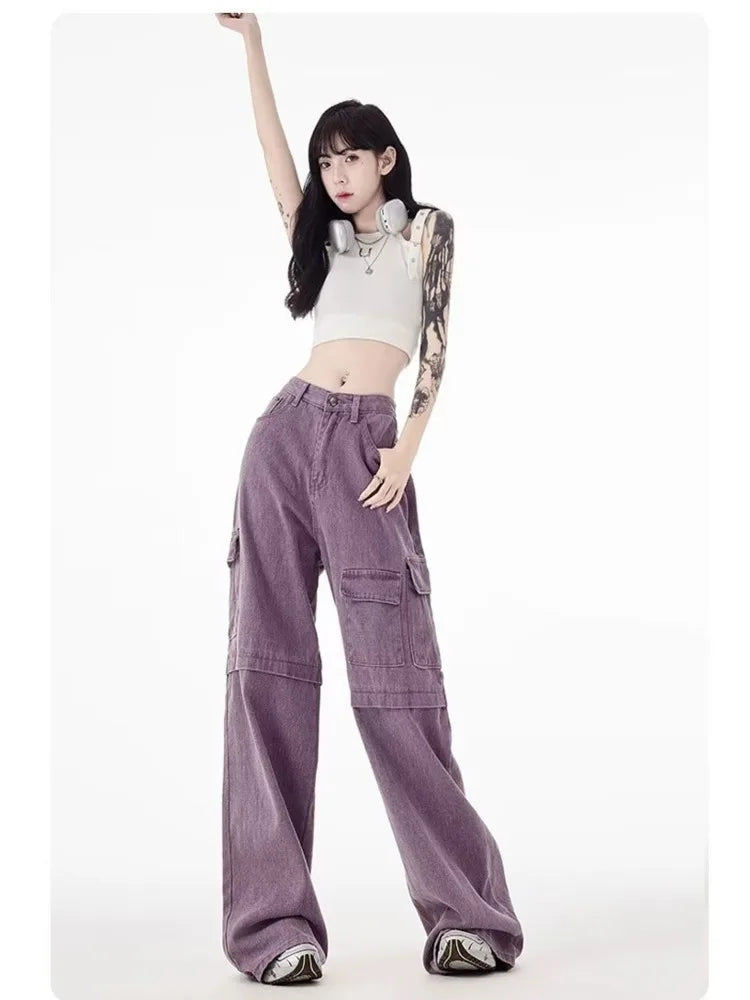 Amy Fashion - Vintage Purple Cargo Pants New Style Multi-Pocket High Waist Casual Loose Drag Thin Wide Leg Pants Women's Jean