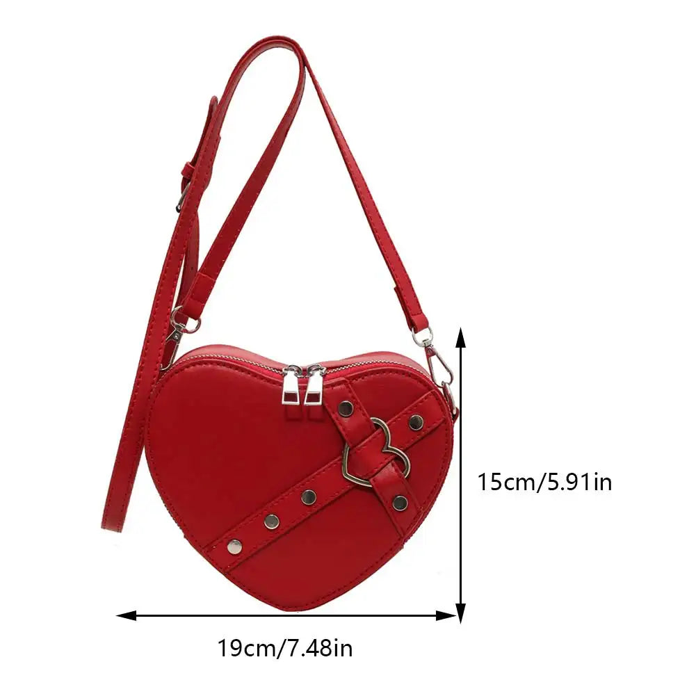 Red Leather Heart Shaped Vintage Chain Rivet Y2K Small Bag PU