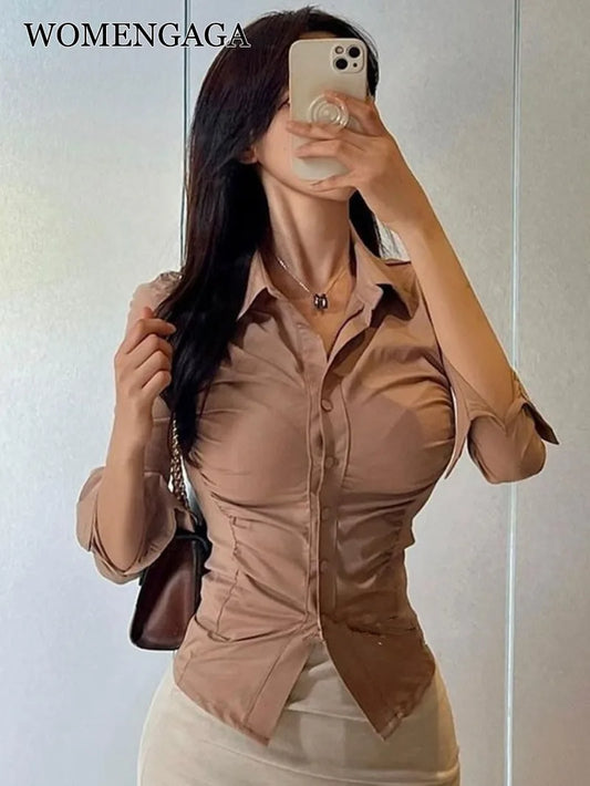 Single-breasted Waist Tight Slim Long-sleeve Sweet Blouse