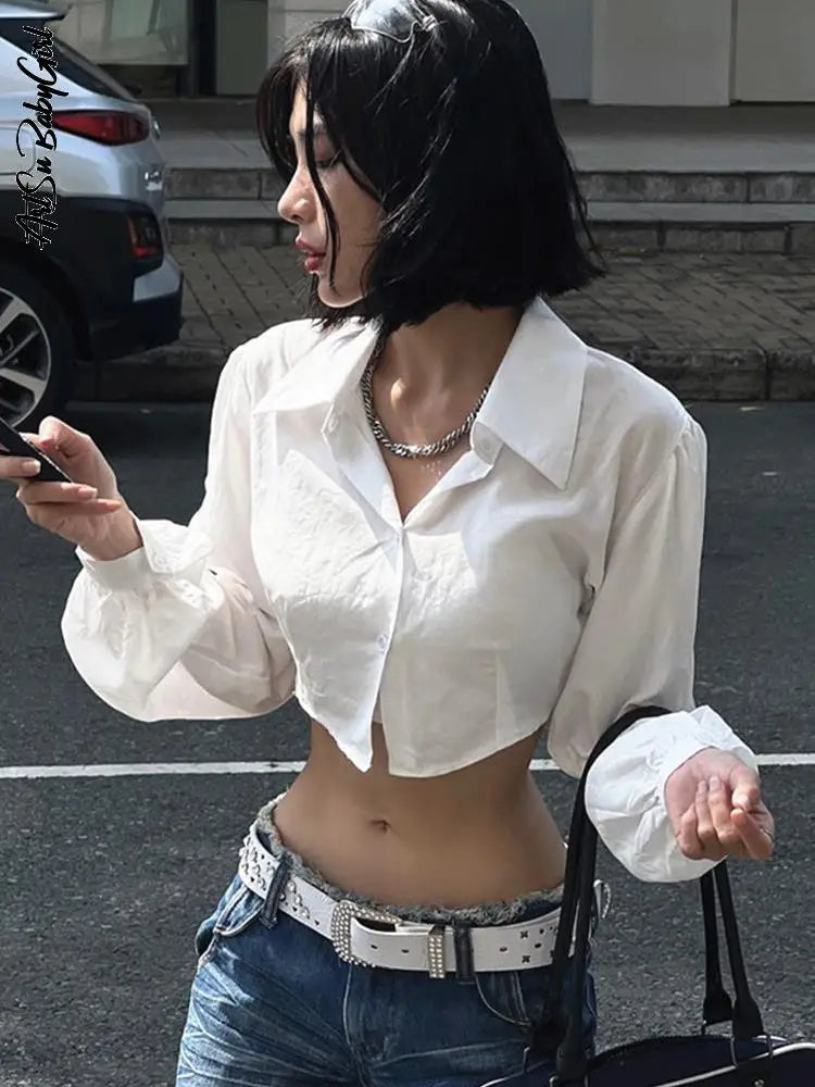 White Hollow Out Crop Turn Down Collar Streetwear Blouse