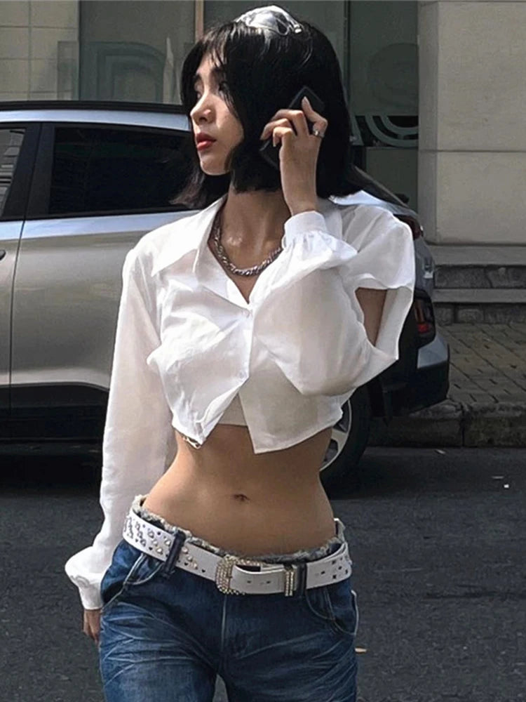 White Hollow Out Crop Turn Down Collar Streetwear Blouse