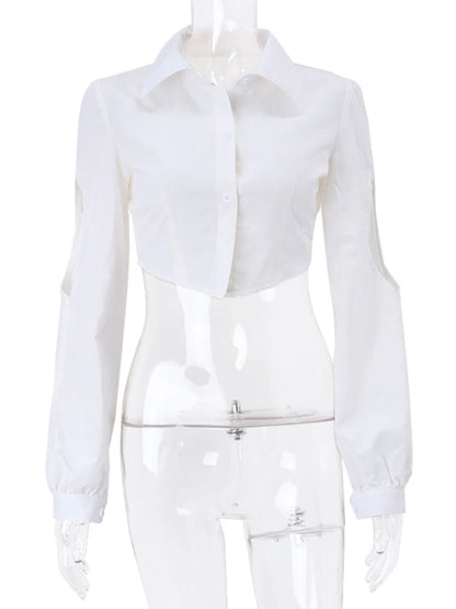 White Hollow Out Crop Turn Down Collar Streetwear Blouse