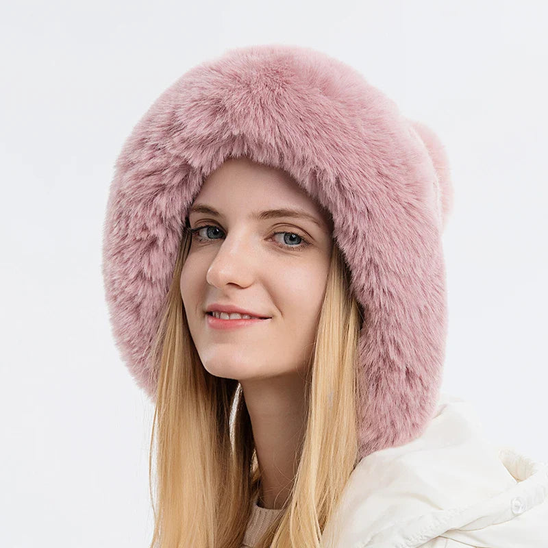 Fluffy Velvet Earflap Ski Hat with Outdoor Lining for Women