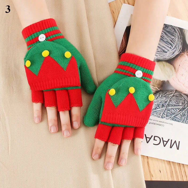 Christmas Elk Printed Knitted Flip Half Finger Winter Glove