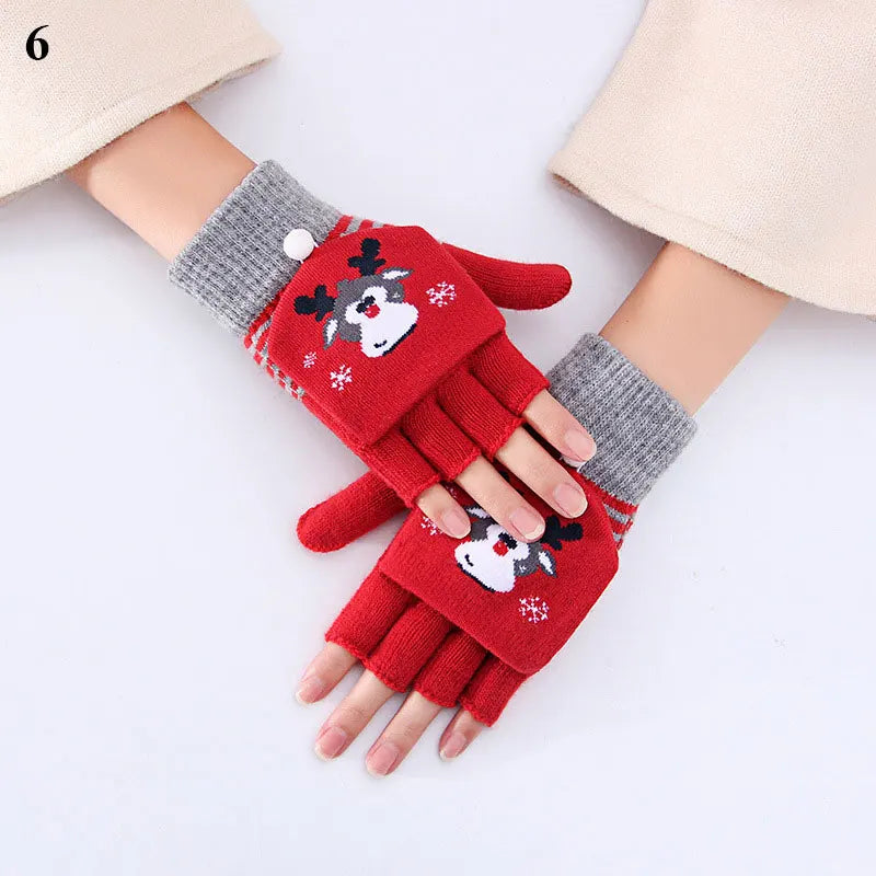 Christmas Elk Printed Knitted Flip Half Finger Winter Glove