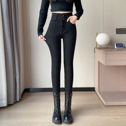 Amy Fashion - Winter Plus Velvet Women Warm Skinny Pencil Pants Thickened High Waist Casual Slim Stretch Denim Trousers Jean