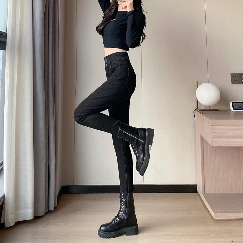 Amy Fashion - Winter Plus Velvet Women Warm Skinny Pencil Pants Thickened High Waist Casual Slim Stretch Denim Trousers Jean