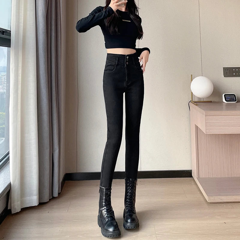 Amy Fashion - Winter Plus Velvet Skinny Women Stretch Denim Trousers Retro Patchwork Autumn Warm Thick Pencil Pants Jean