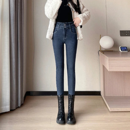 Amy Fashion - Winter Plus Velvet Warm Women Thickened High Waist Casual Slim Stretch Denim Trousers Skinny Pencil Pants Jean