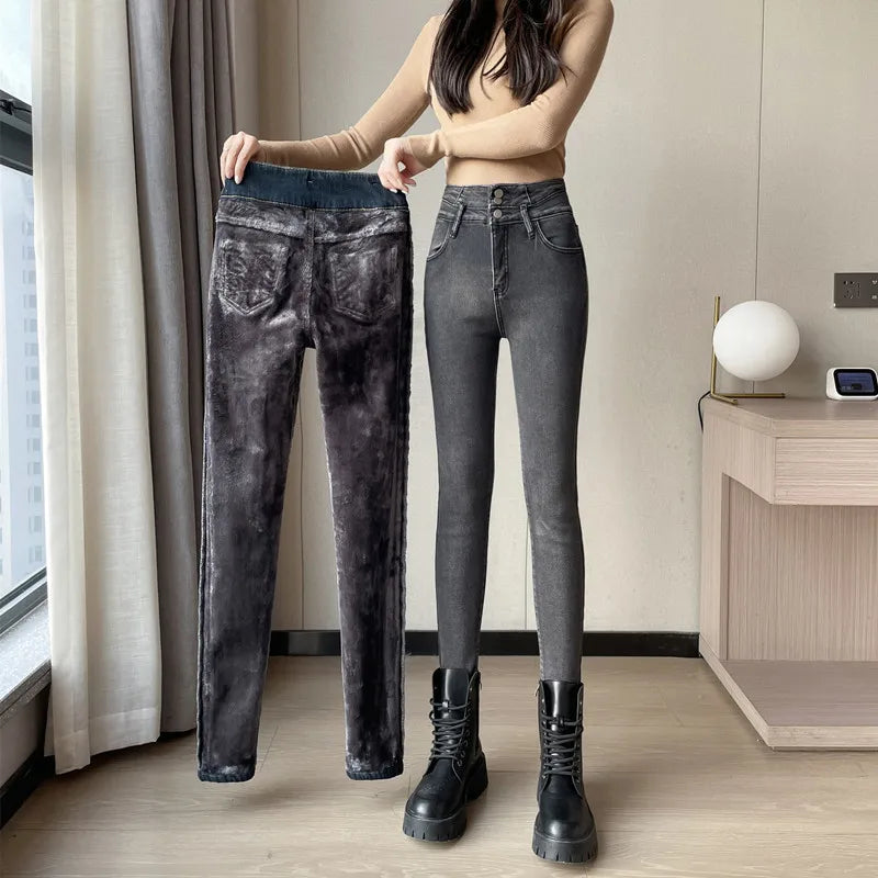 Amy Fashion - Winter Plus Velvet Warm Women Thickened High Waist Casual Slim Stretch Denim Trousers Skinny Pencil Pants Jean