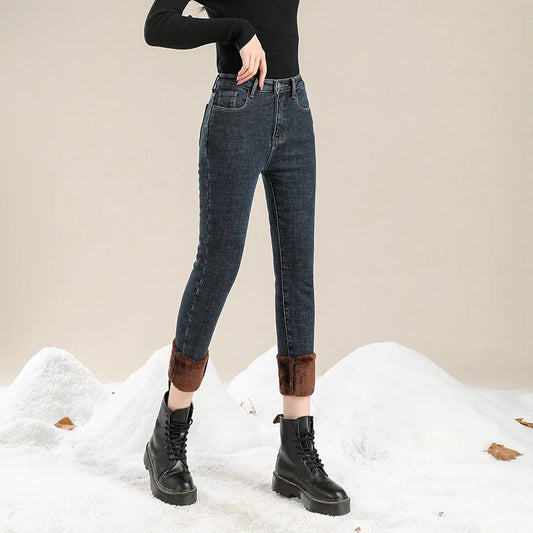 Amy Fashion - Winter Warm Thick Velvet High Skinny Slim Stretch Pencil Denim Jean