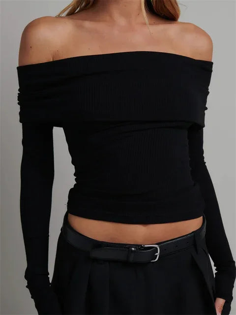 Sexy Off Shoulder Long Sleeve Knitted Slim Fit Ribbed Slash Neck Crop Top