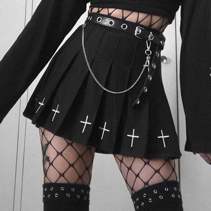 Dark Cross Pattern Style Women's Gothic High Mini Skirt Mini Ladies Waist Pleated