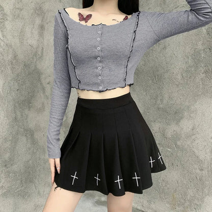 Dark Cross Pattern Style Women's Gothic High Mini Skirt Mini Ladies Waist Pleated