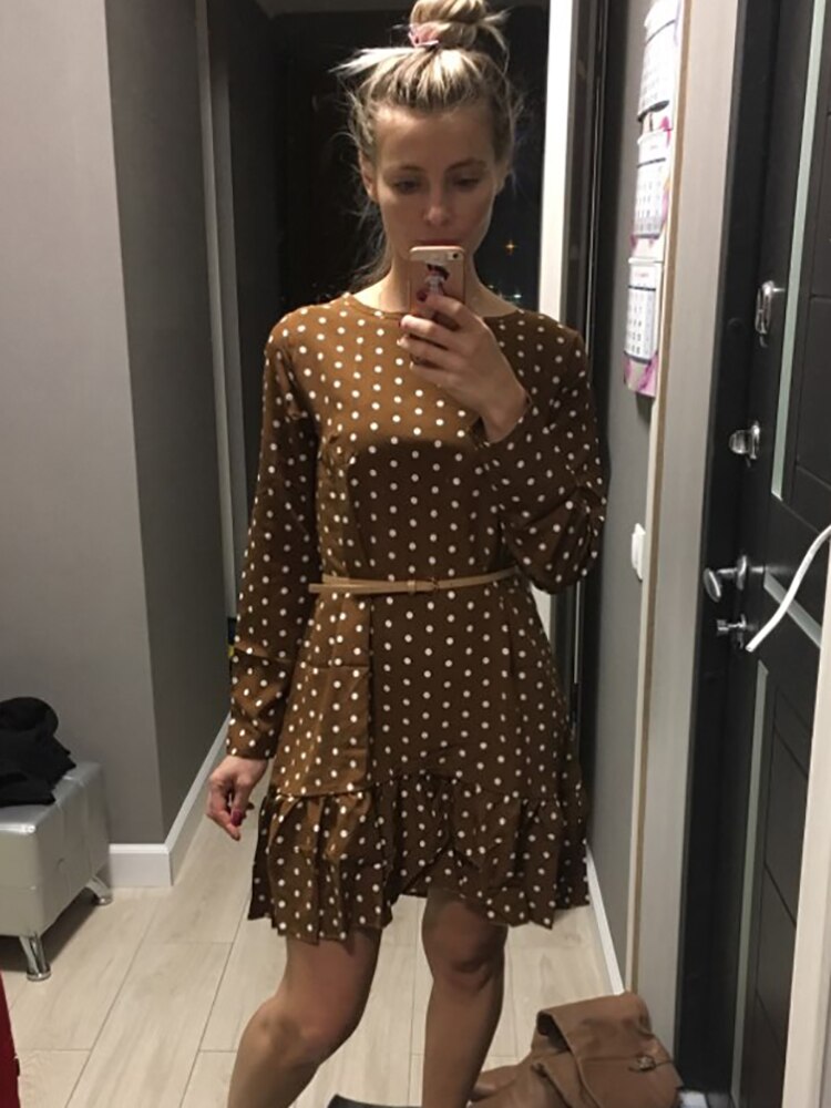 Amy Fashion - Fashion Polka Dot Chiffon Long Sleeve O Neck Ruffle Dress