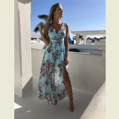 Amy Fashion - Summer Beach Party Sleeveless V-Neck Floral Long Boho Dress