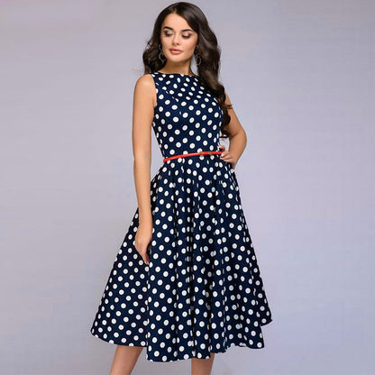 Amy Fashion - Elegant Polka Dot Print Flared Sleeveless Dress