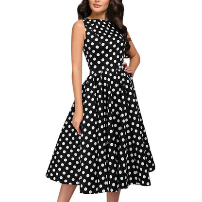 Amy Fashion - Elegant Polka Dot Print Flared Sleeveless Dress