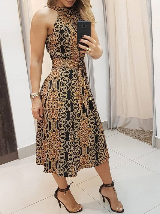 Amy Fashion - Sleeveless Baroque Print Midi Dress