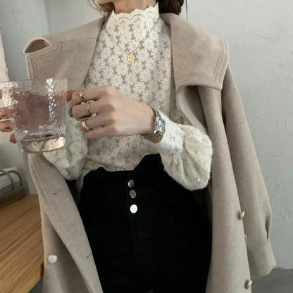 Elegant Floral Turtleneck Lace Autumn Long Sleeve Fashion Spring Lady Top Blouse