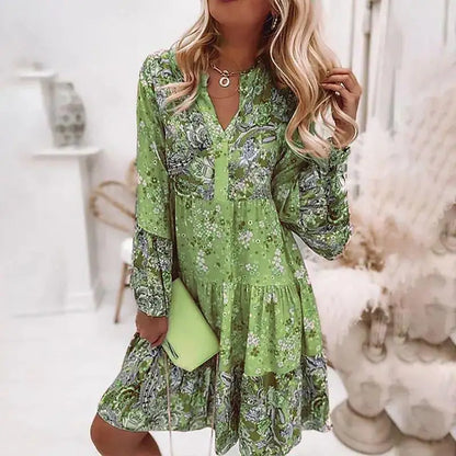 Amy Fashion - Summer Floral Print V Neck Ruffles Boho Dress