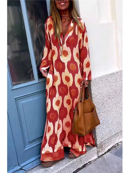 Amy Fashion - Geometric Printing Split Autumn V Neck Boho Dress