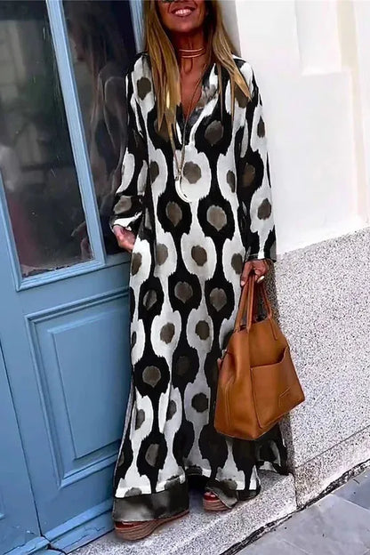 Amy Fashion - Geometric Printing Split Autumn V Neck Boho Dress