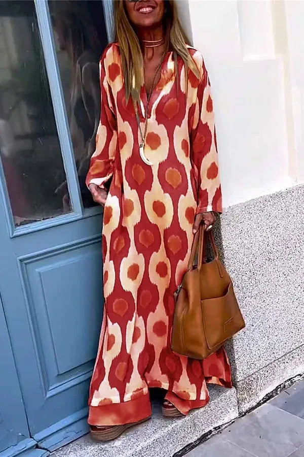 Amy Fashion - Geometric Printing Split Autumn V Neck Boho Dress