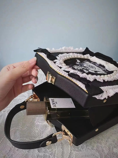 Punk Pearl Imitation Satchels Vintage Lace Black White Bowtie Doll Bag