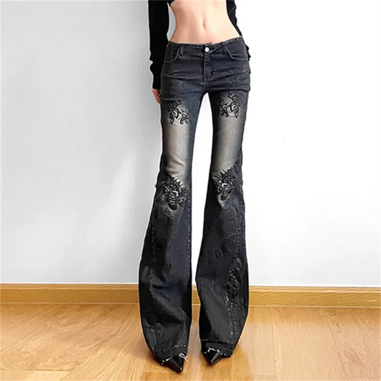 Women Gothic 90s Flare Jeans Aesthetic Low Waist Y2K Pants