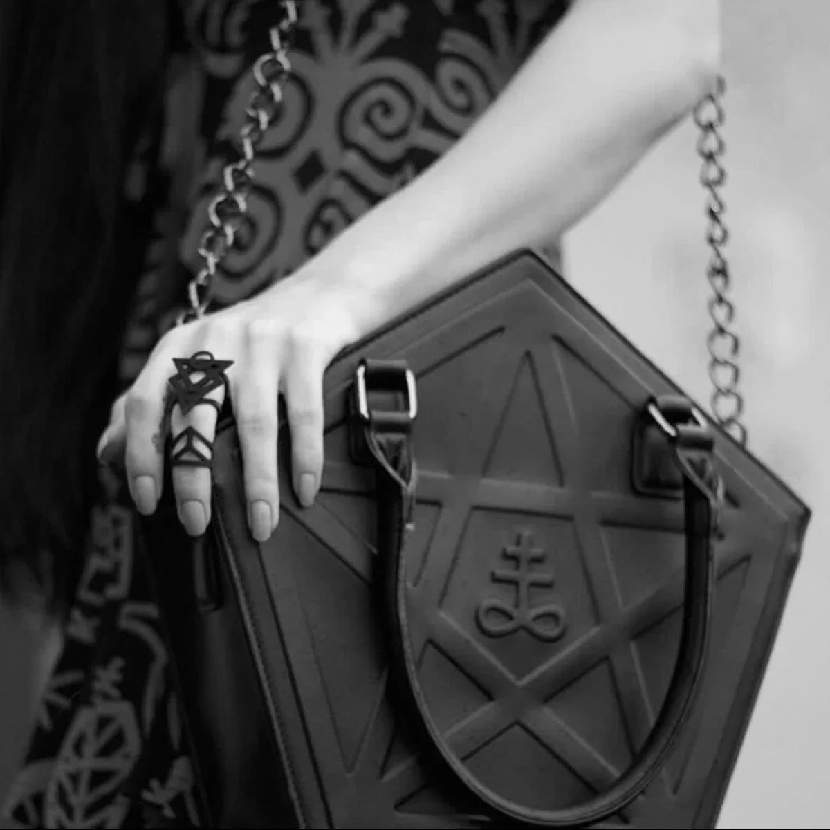 Shoulder Bag Pentagram Soft Handbag Leather Darkness Punk Chain Gothic