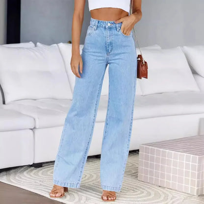 High Waist Loose Fit Wide Leg Button Basics Solid Color Denim Casual Pockets Jean