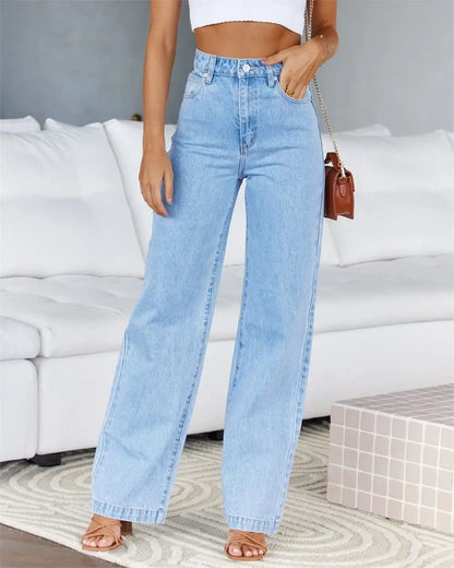 High Waist Loose Fit Wide Leg Button Basics Solid Color Denim Casual Pockets Jean