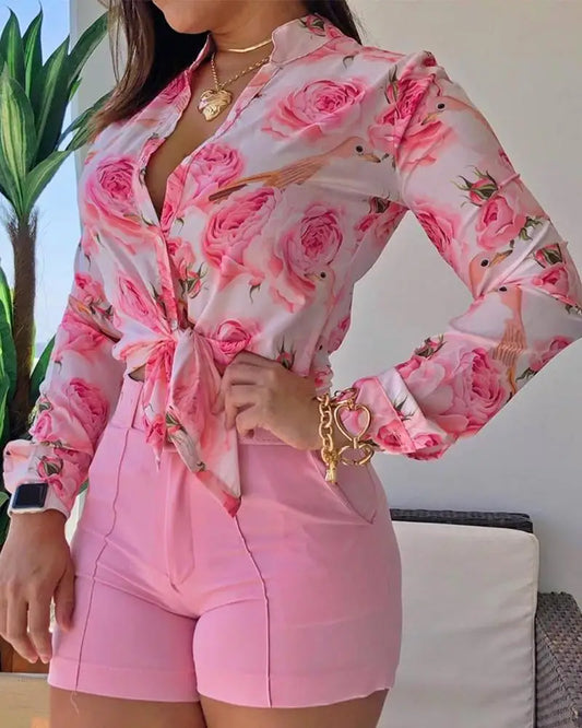 Floral Printed Tie Knot Top and Shorts Sets Blouse