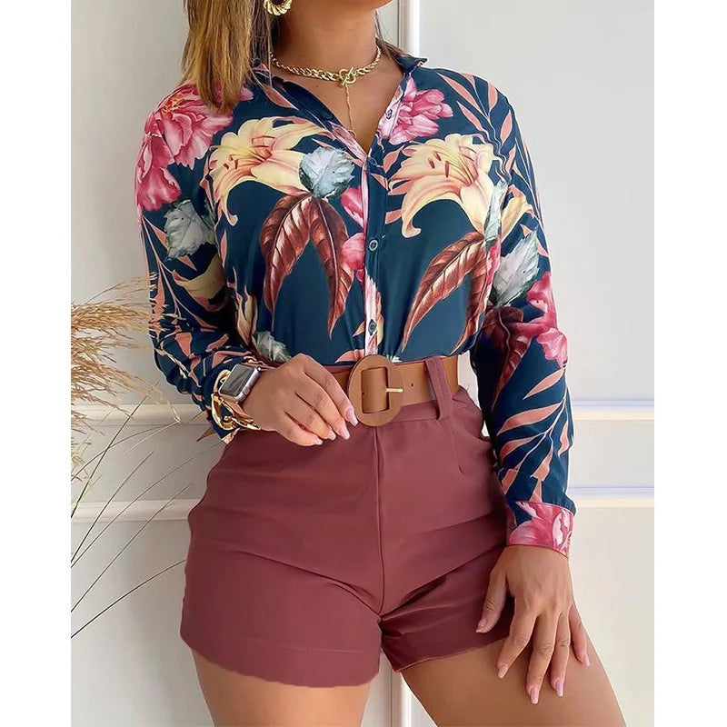 Floral Printed Tie Knot Top and Shorts Sets Blouse