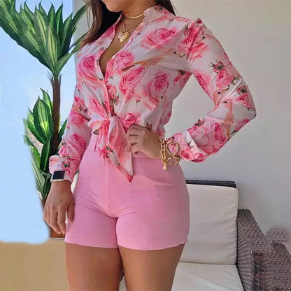 Floral Printed Tie Knot Top and Shorts Sets Blouse