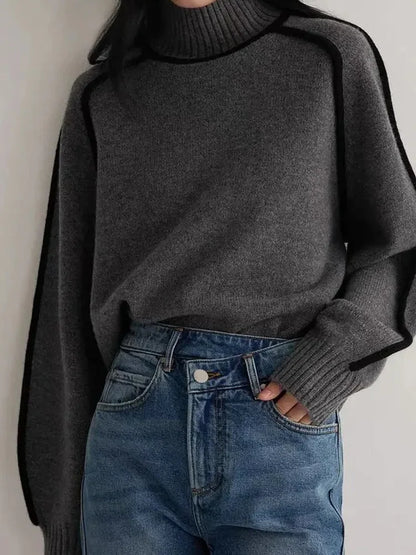 Patchwork Turtleneck Knitted Warm Thicken Long Sleeve Sweater