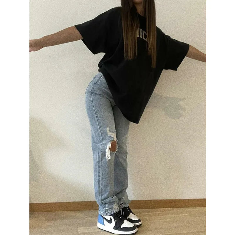 Ripped High Waist Hollow Out Straight-Leg Large Size Boyfriend Streetwear Y2K Jean