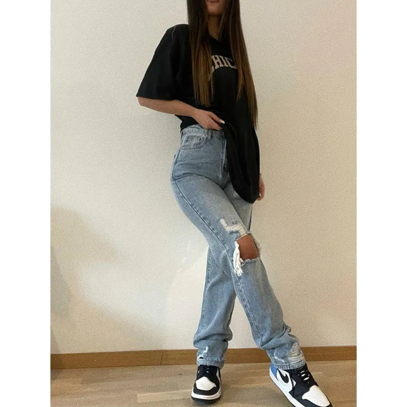 Ripped High Waist Hollow Out Straight-Leg Large Size Boyfriend Streetwear Y2K Jean