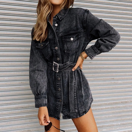 Fashionable Slim Mid-Cuff Belted Denim Office Spring Casual Long-Sleeve Women's Dress