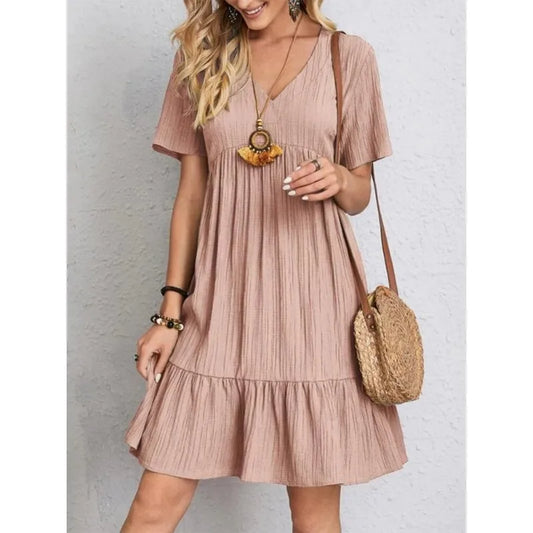 Amy Fashion - Solid V-Neck Short Sleeve Ruffles Boho Dress