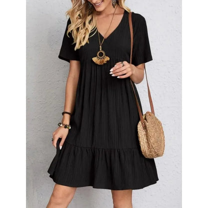 Amy Fashion - Solid V-Neck Short Sleeve Ruffles Boho Dress