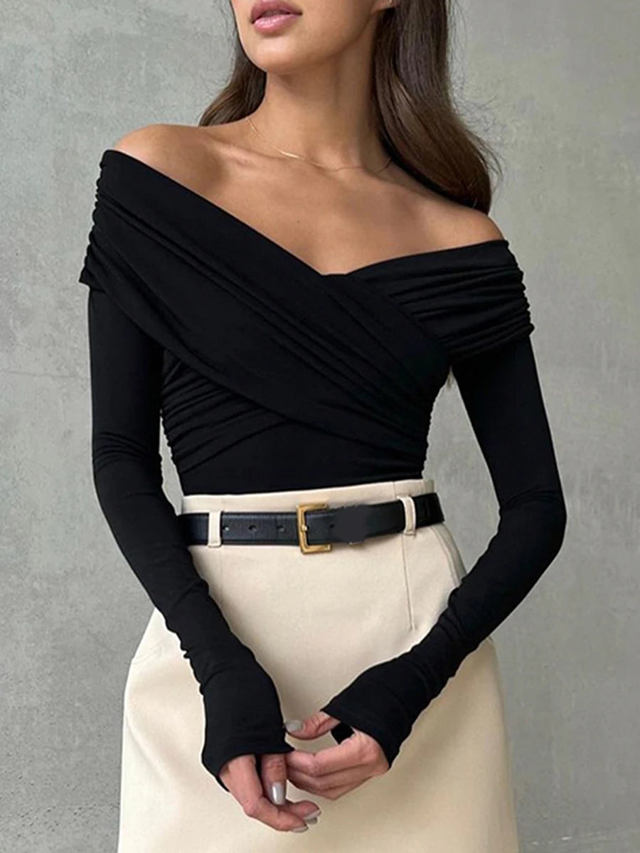 Solid Color Front Cross V-Neck Off Shoulder Blouse