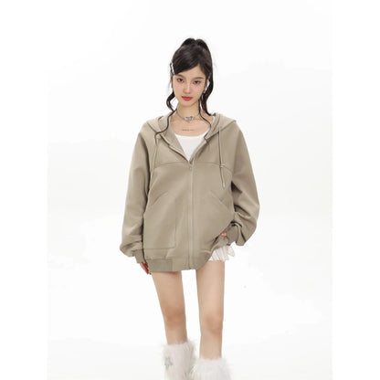 Solid Color Loose Hooded Harajuku Zip Up Long Sleeve Hoodie