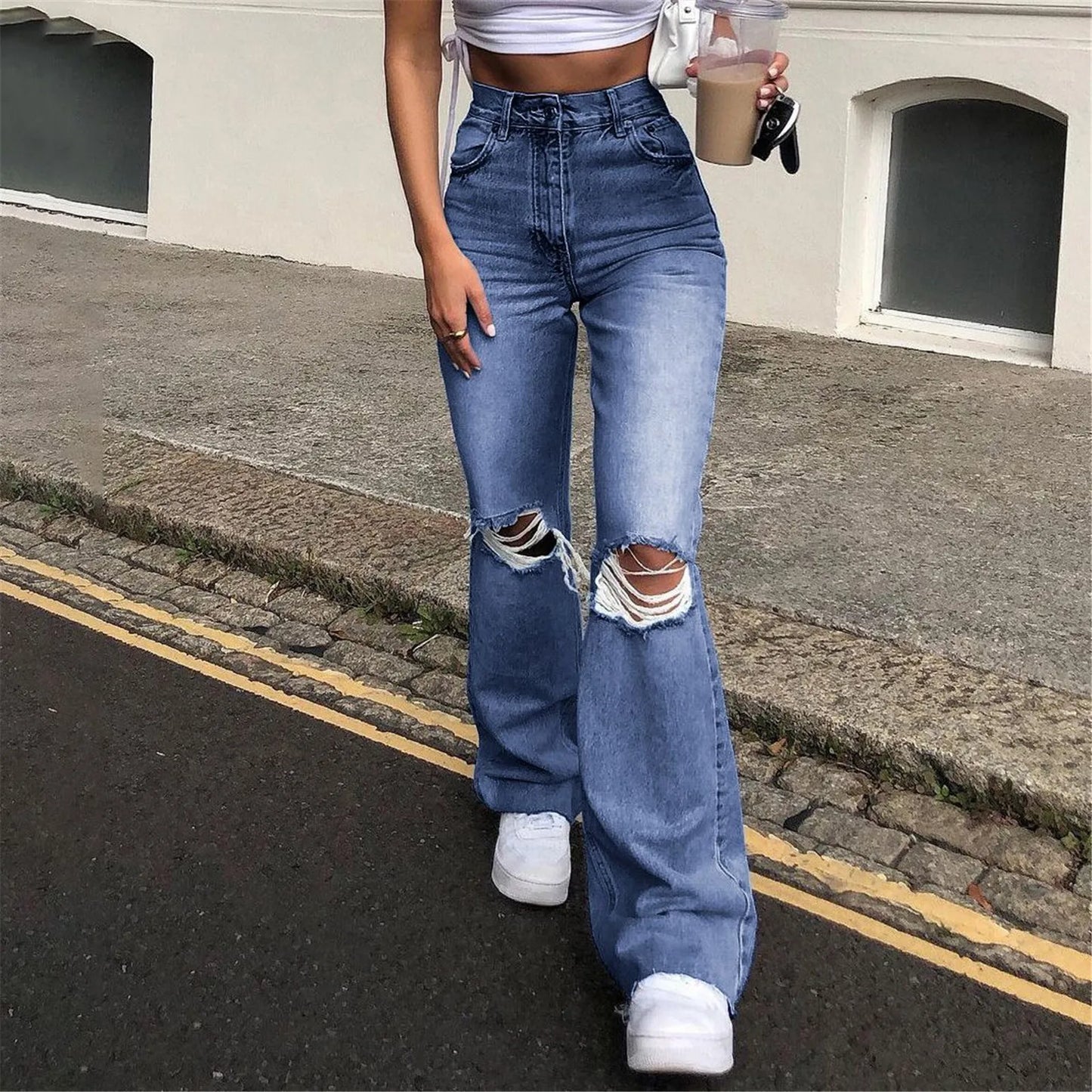 Streetwear Hollow Out Ripped Ragged High Waist Solid Color Retro Wide Leg Y2K Flare Jean