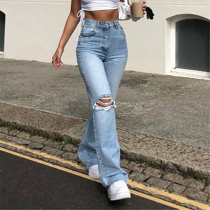 Streetwear Hollow Out Ripped Ragged High Waist Solid Color Retro Wide Leg Y2K Flare Jean