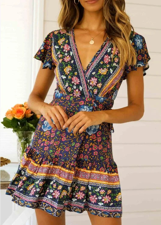 Amy Fashion - Summer Boho Floral Print Mini Wrap Beach Boho Dress