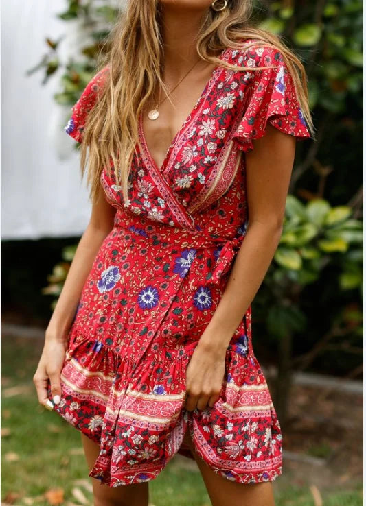 Amy Fashion - Summer Boho Floral Print Mini Wrap Beach Boho Dress