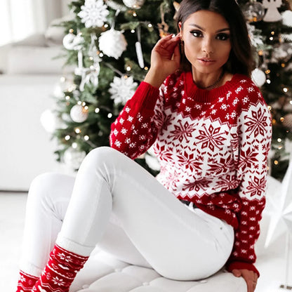 Christmas Snowflake Knitted Long Sleeve O Neck Casual Printed Sweater